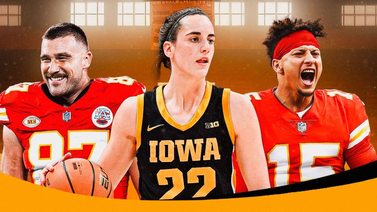 Iowa women’s basketball player Caitlin Clark, with Kansas City Chiefs players Travis Kelce and Patrick Mahomes