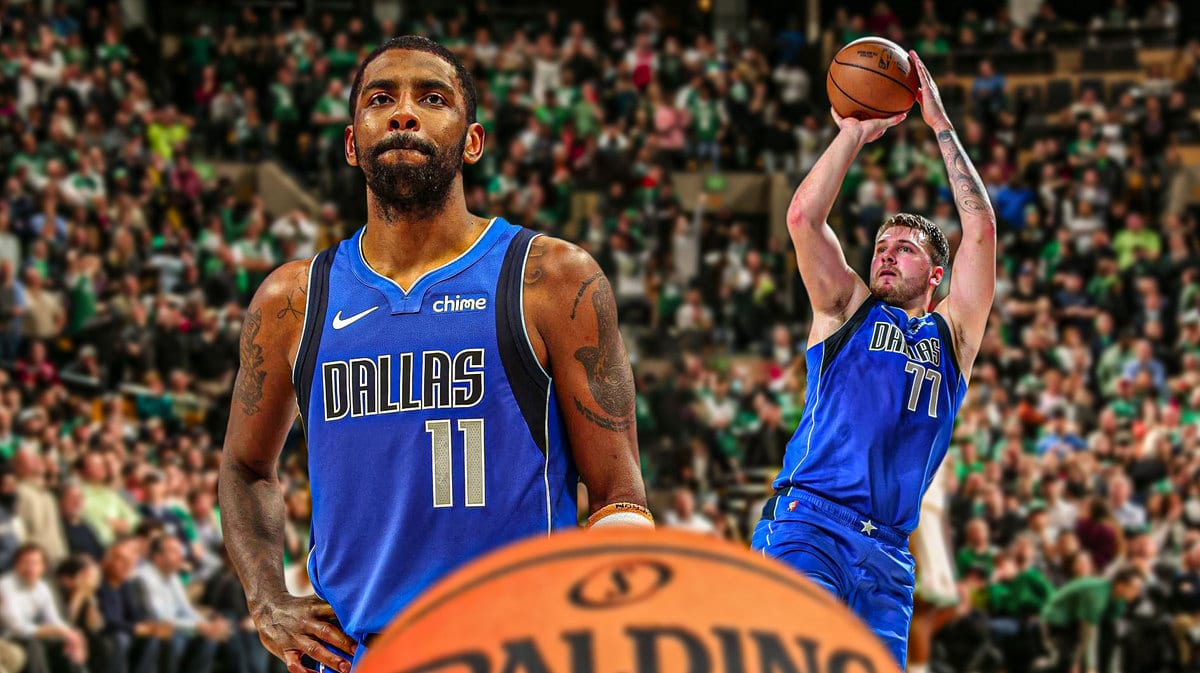 Mavs' Kyrie Irving looking serious in front. Mavs' Luka Doncic shooting a basketball in background.