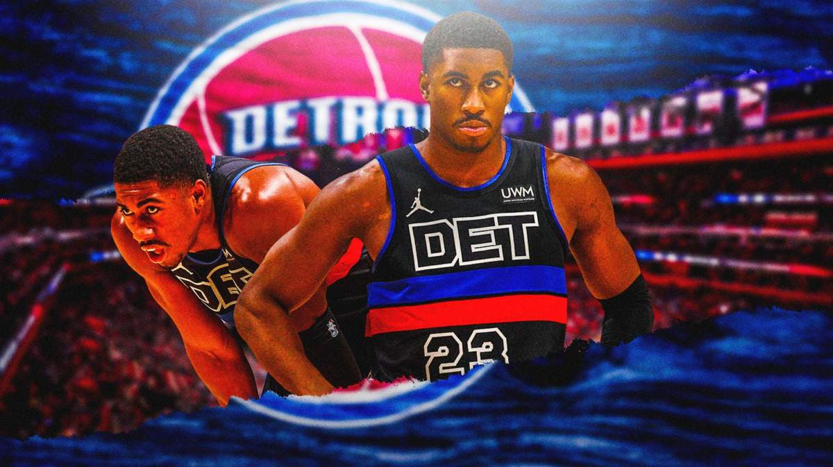 Pistons guard Jaden Ivey on the left and right in the foreground.