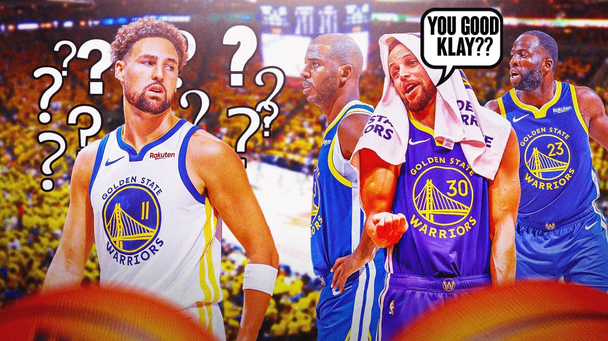 Warirors' Klay Thompson with question marks. Stephen curry saying "You good Klay" next to him.