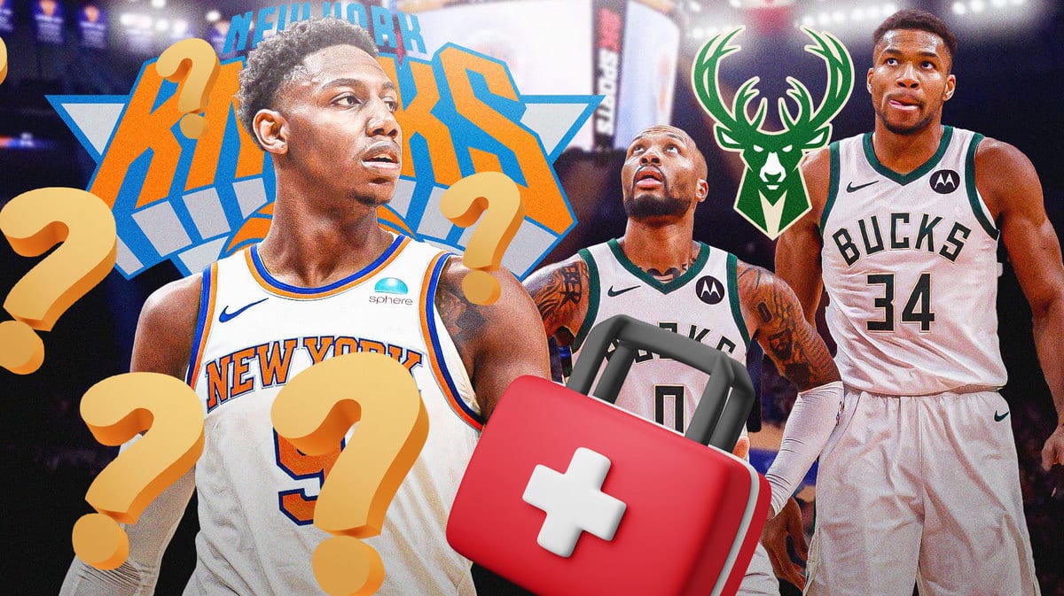 Knicks' RJ Barrett with question marks and red medical bag next to Bucks' Giannis Antetokounmpo and Damian Lillard