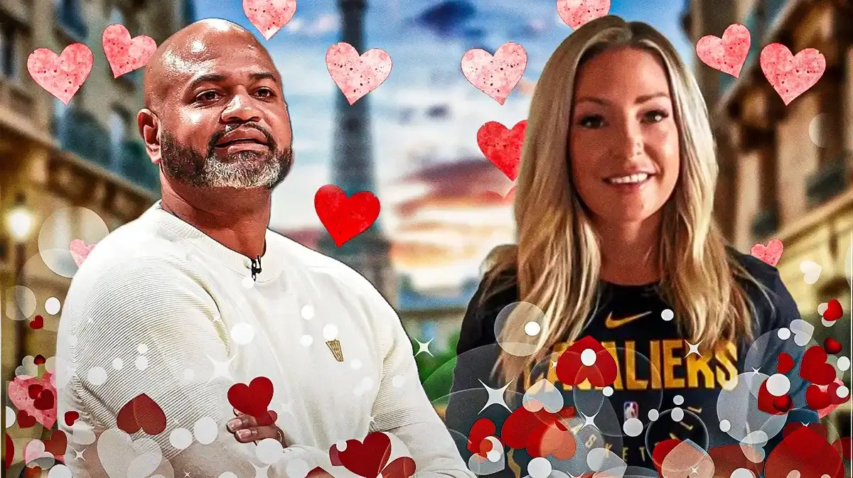 J.B. Bickerstaff and Nikki Bickerstaff surrounded by hearts.