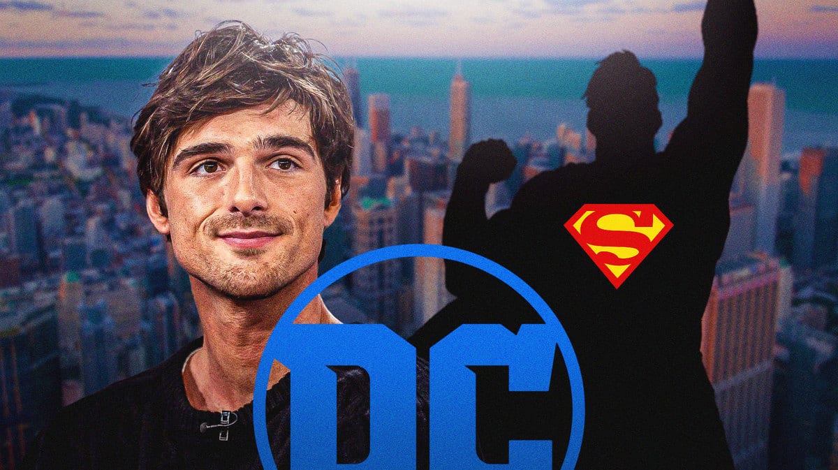 Priscilla star Jacob Elordi next to Superman silhouette and DC logo with skyline background.