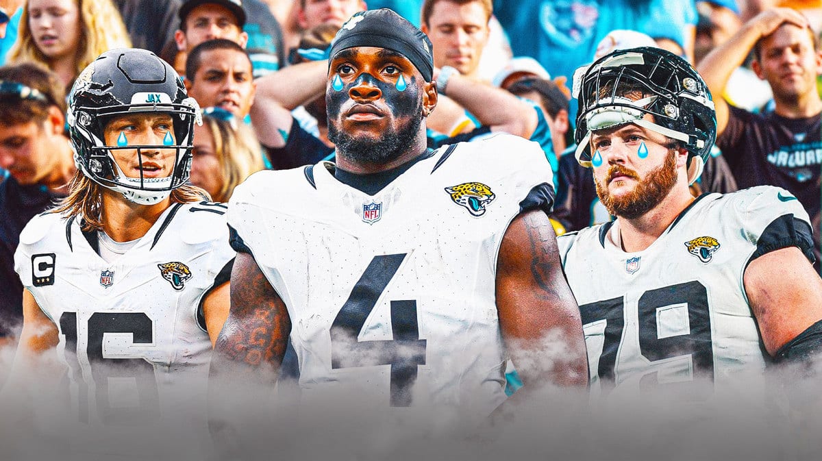 Trevor Lawrence, Tank Bigsby, Luke Fortner all with tear emojis 💧 and with crying Jacksonville Jaguars fans in the background.
