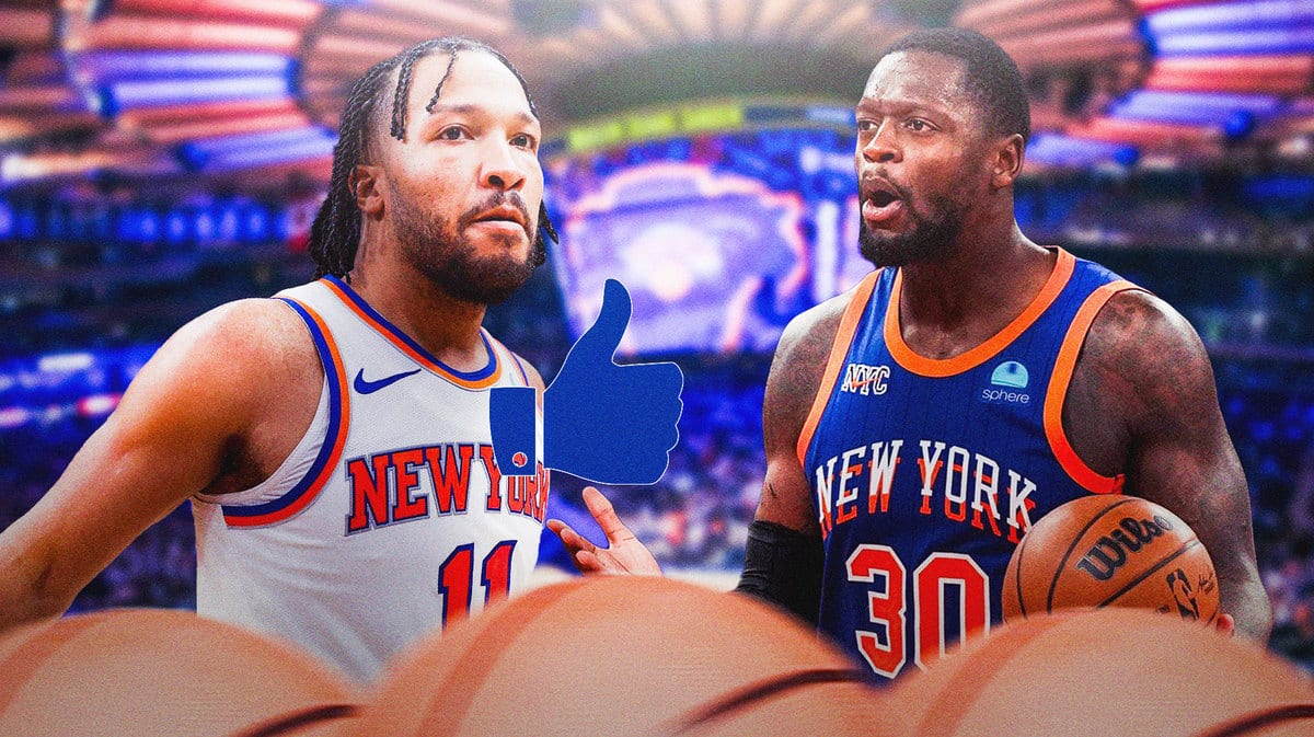 Thumb: Knicks' Jalen Brunson giving a thumbs up. Julius Randle looking worried.