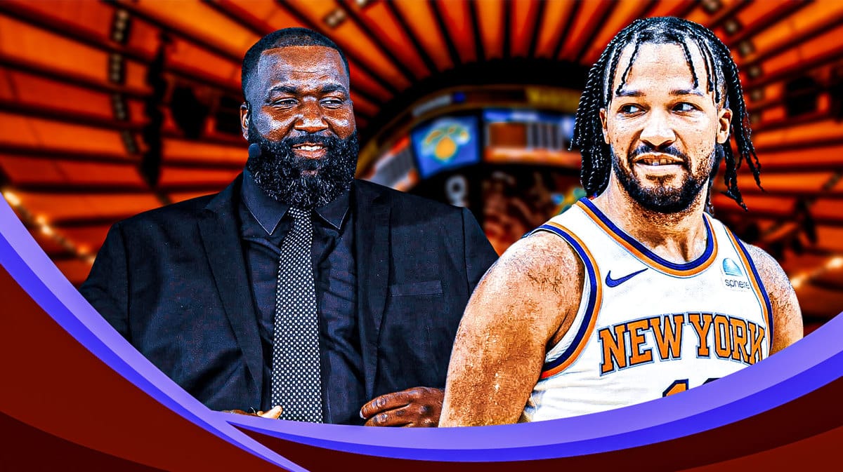 Kendrick Perkins hyped up, with Knicks' Jalen Brunson smiling