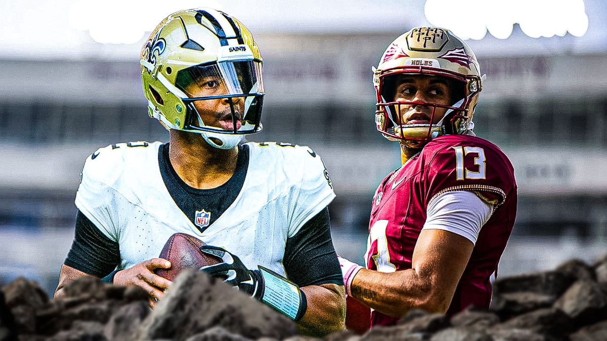 Jameis Winston of the Saints with Jordan Travis of Florida State football