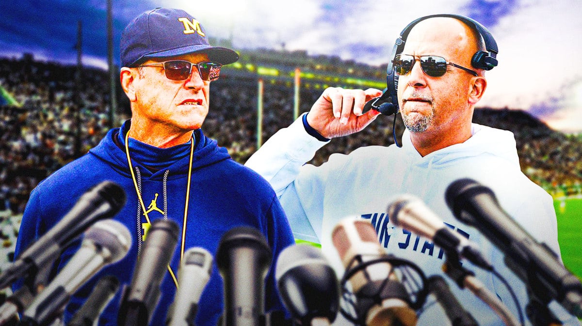 Penn State football HC James Franklin looking at Michigan coach Jim Harbaugh