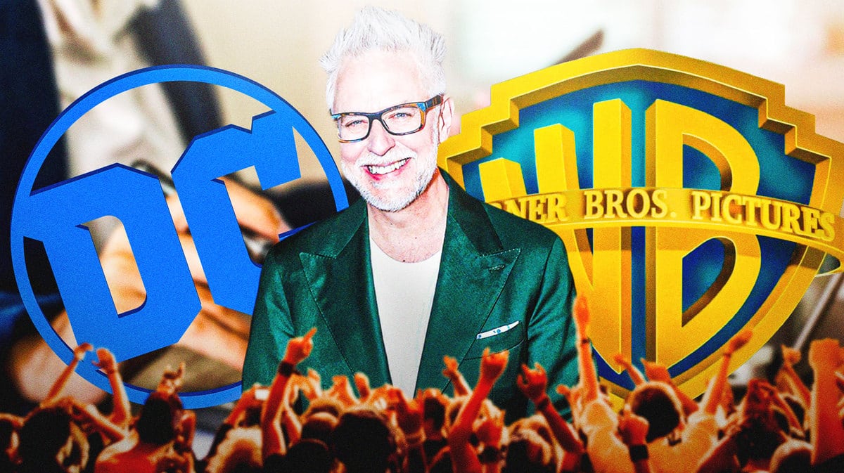 James Gunn between DCU and Warner Bros logos.
