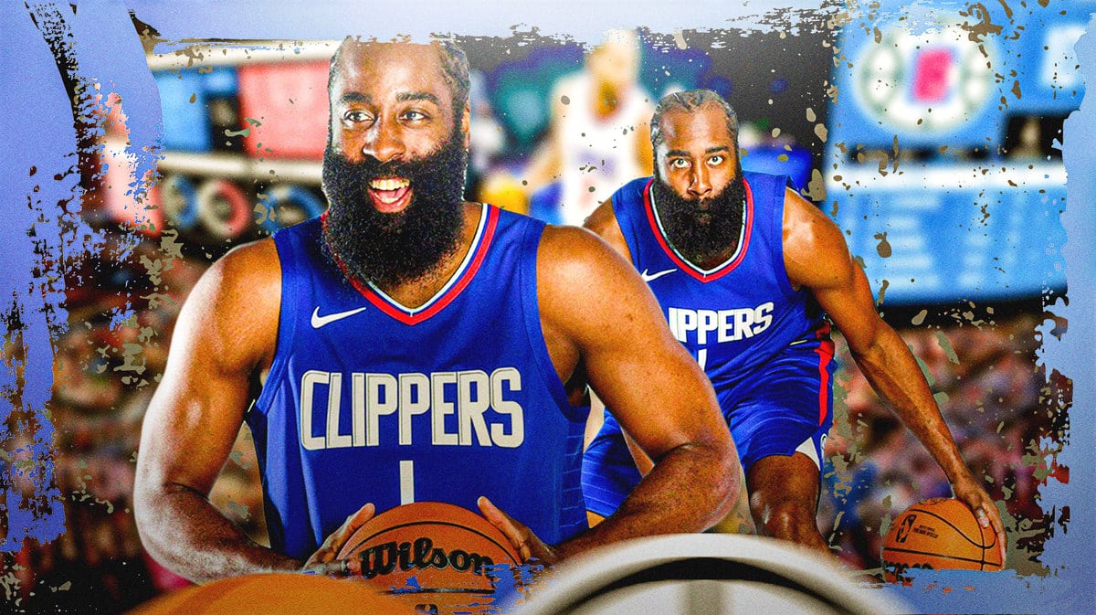 Clippers James Harden holding the ball while smiling
