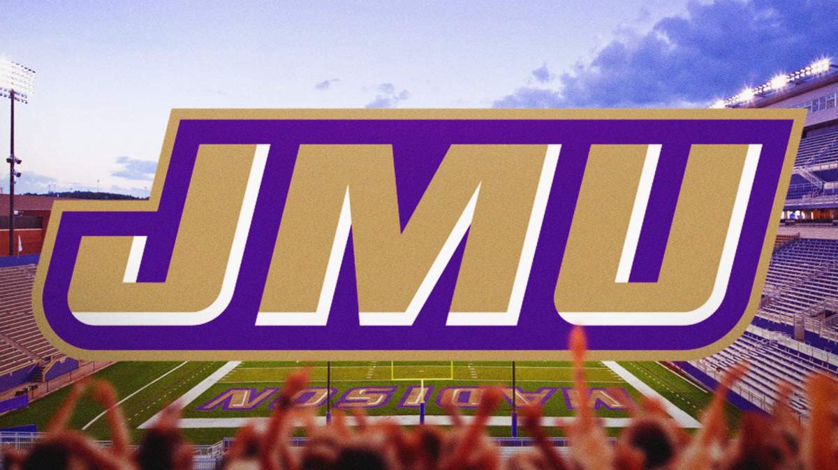 James Madison football, Dukes, NCAA, James Madison NCAA, James Madison bowl game, James Madison logo with James Madison football stadium in the background