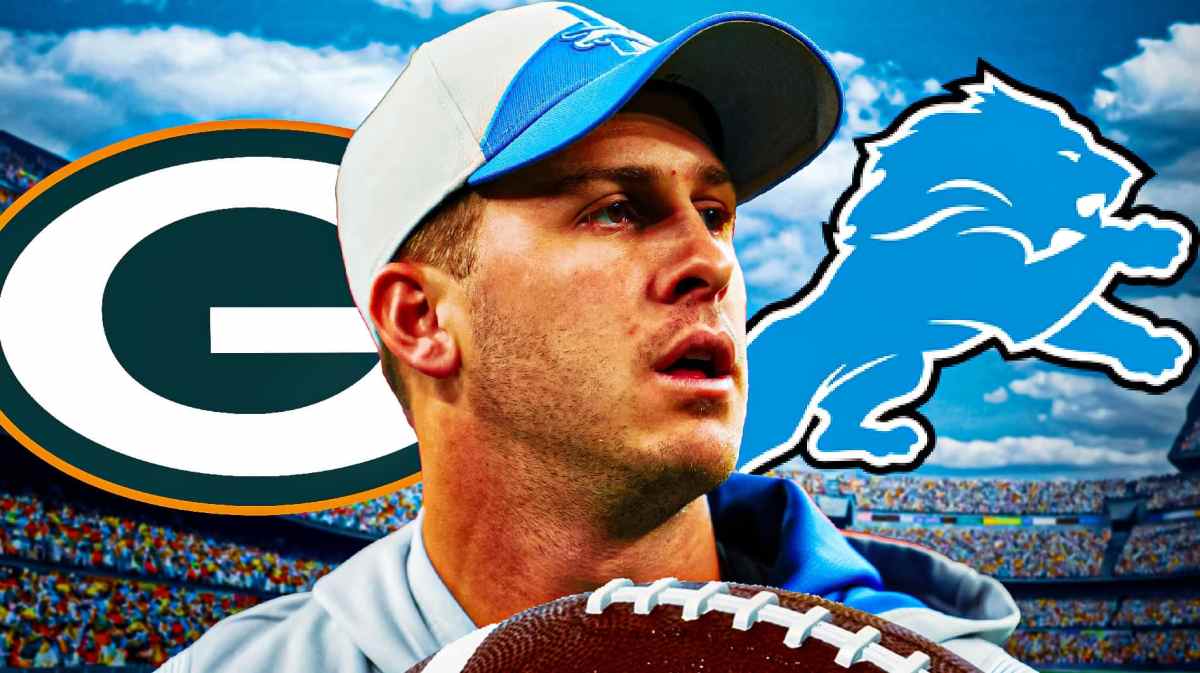 Jared Goff in middle of image looking thoughtful, DET Lions and GB Packers logos, football field in background