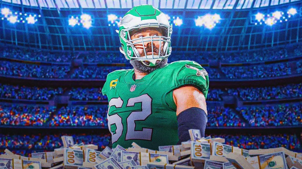 The Philadelphia Eagles' Jason Kelce surrounded by piles of cash.