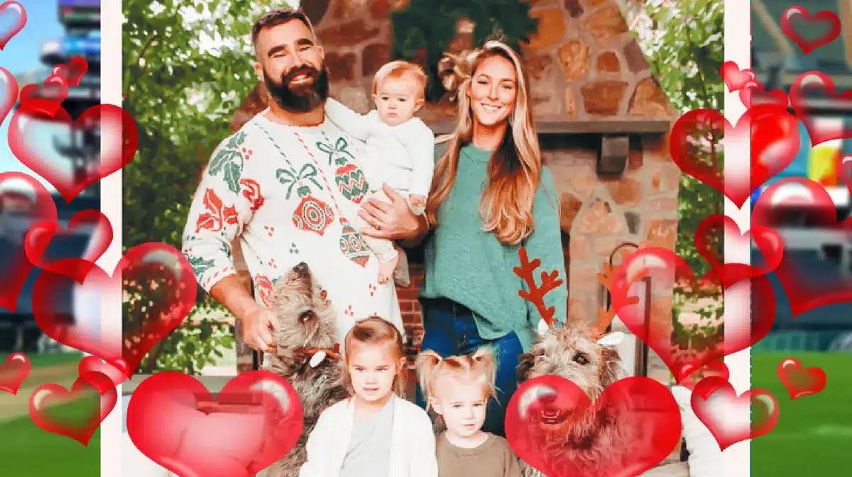 Jason Kelce and Kylie Kelce with their children and pets.