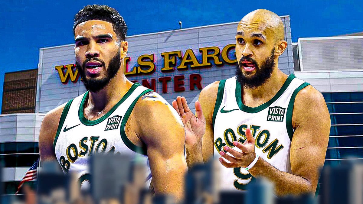 Celtics' Jayson Tatum and Derrick White looking hyped together on a Wells Fargo Center background