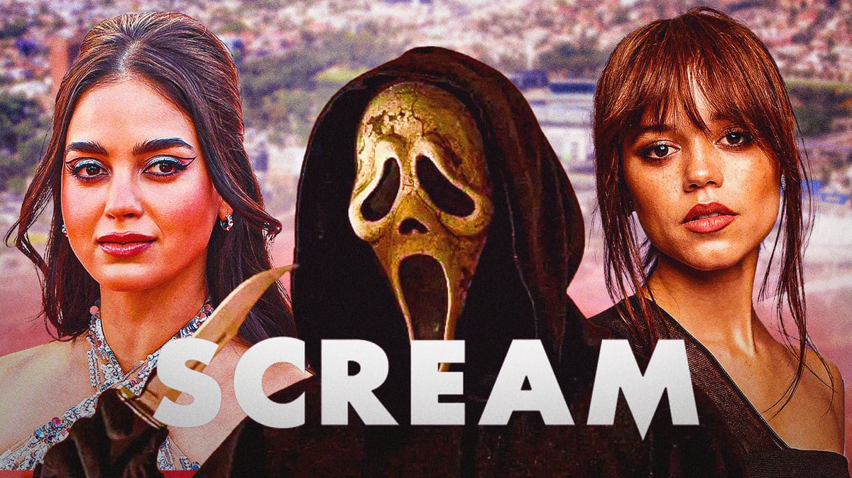Scream logo with Melissa Barrea, Ghostface, and Jenna Ortega.
