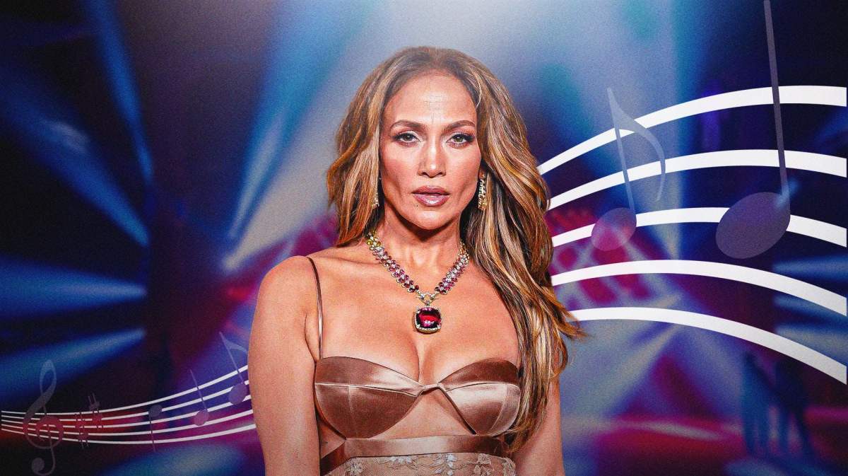 Jennifer Lopez surrounded by music notes.