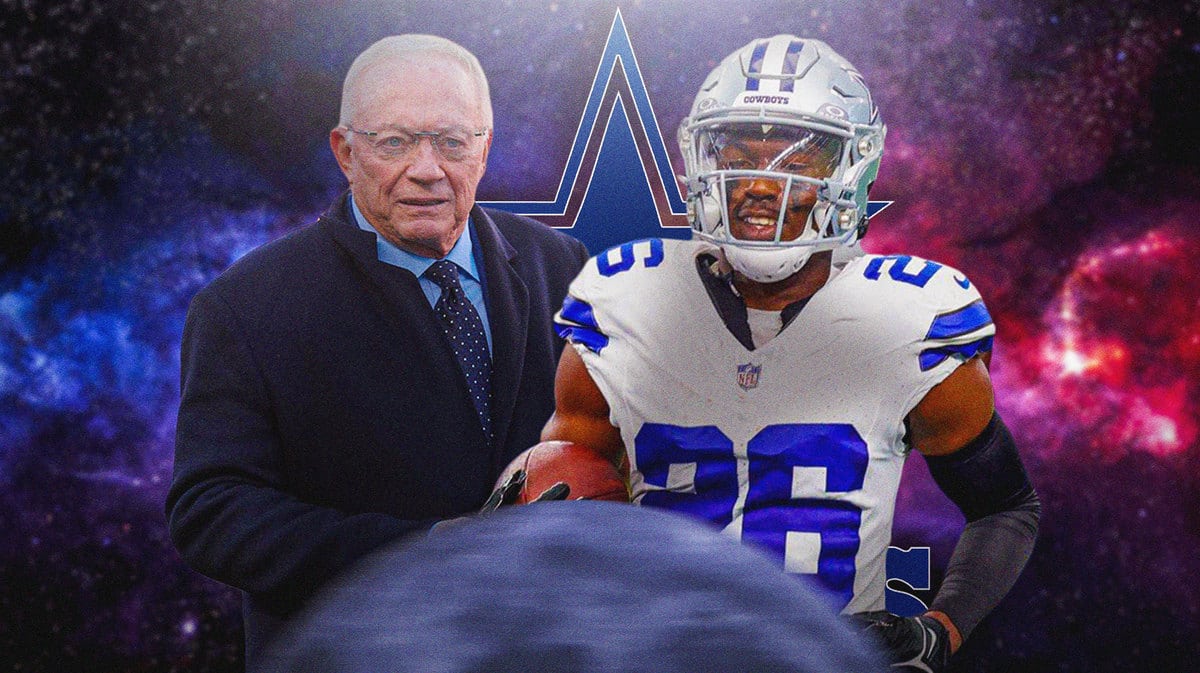 Jerry Jones, Daron Bland floating in space. Cowboys logo behind them.