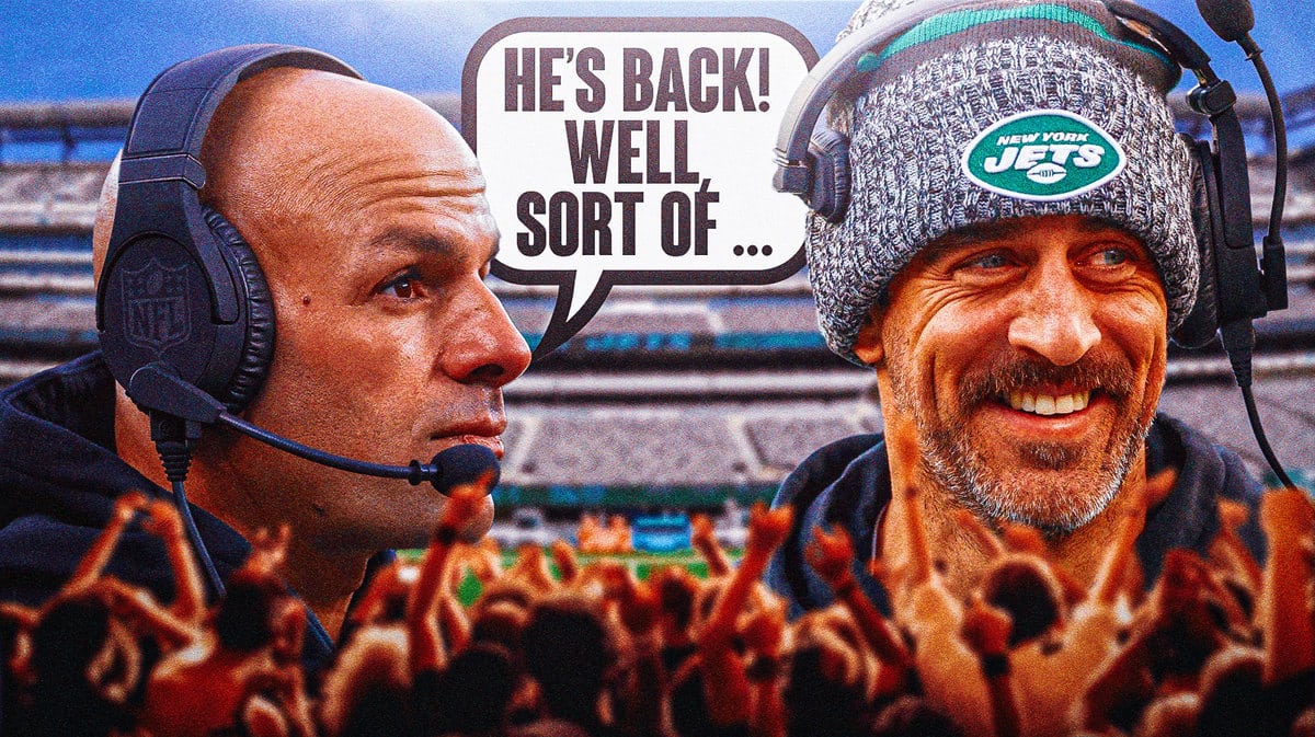 Image thumb: Robert Saleh saying “He’s back! Well, sort of …” looking at Aaron Rodgers with MetLife Stadium full of Jets fans in background