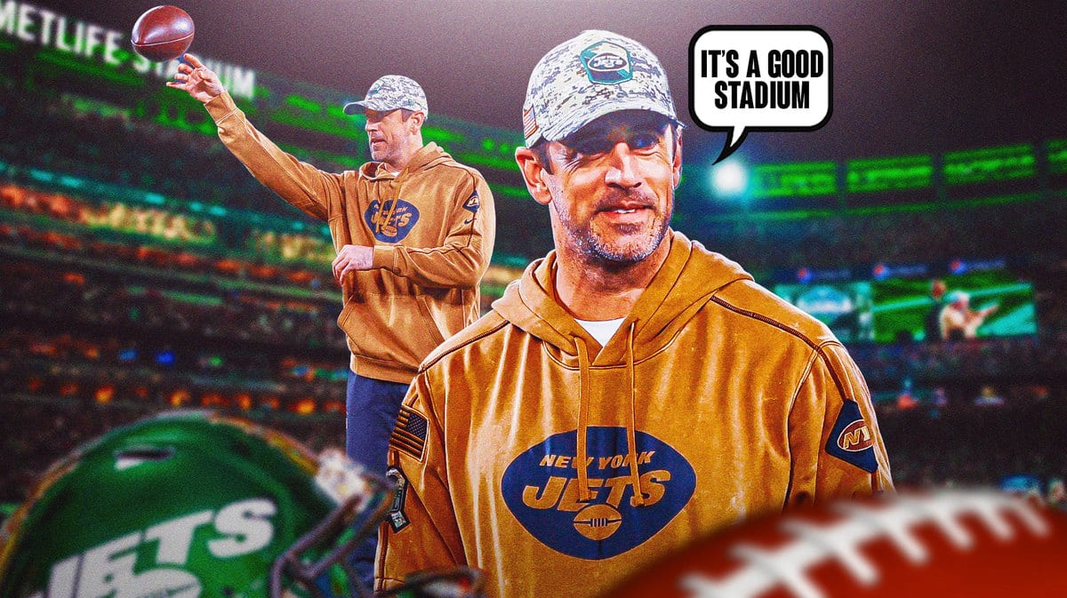 MetLife Stadium in Jets green. Aaron Rodgers saying “It’s a good stadium”