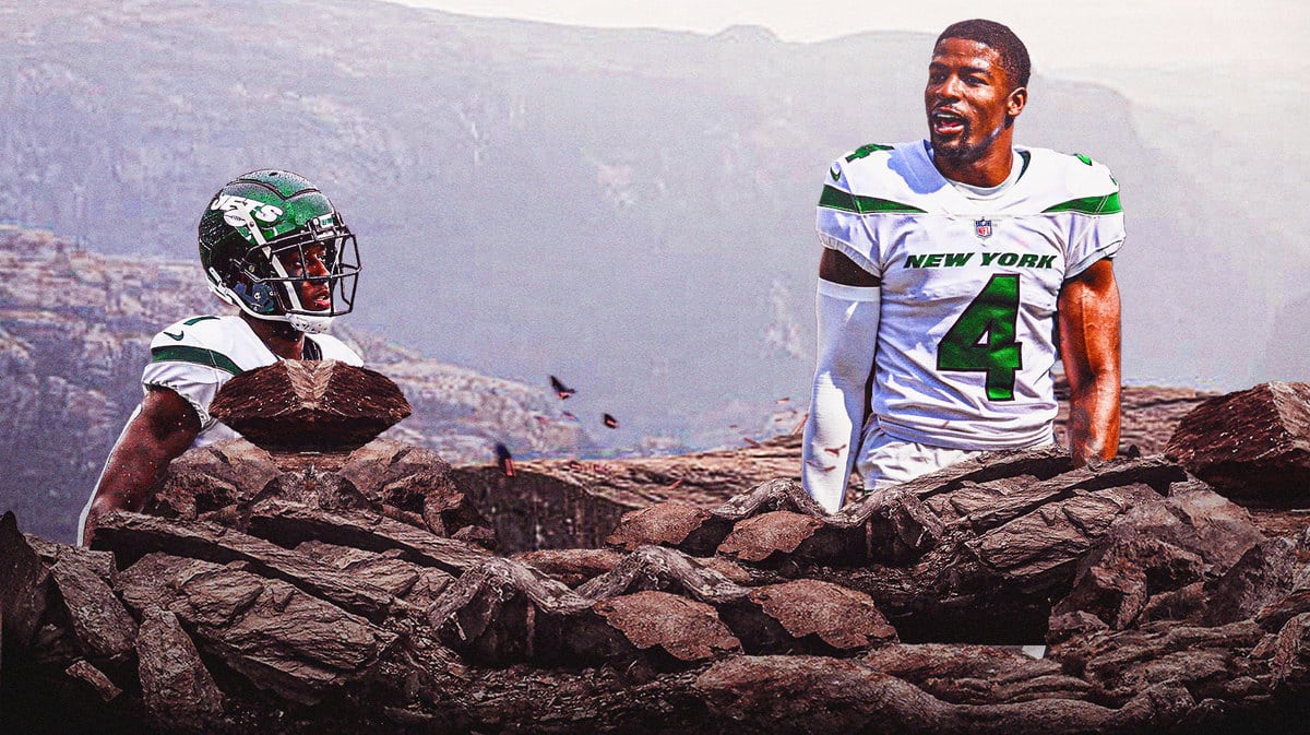 DJ Reed standing on top of a mountain; Sauce Gardner climbing mountain looking up at Reed