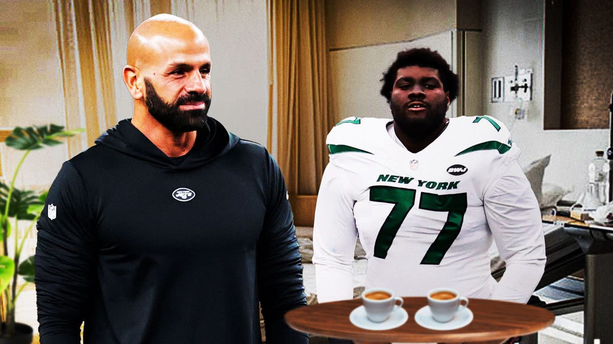 Jets Mekhi Becton and Robert Saleh after Bills game but before Dolphins matchup