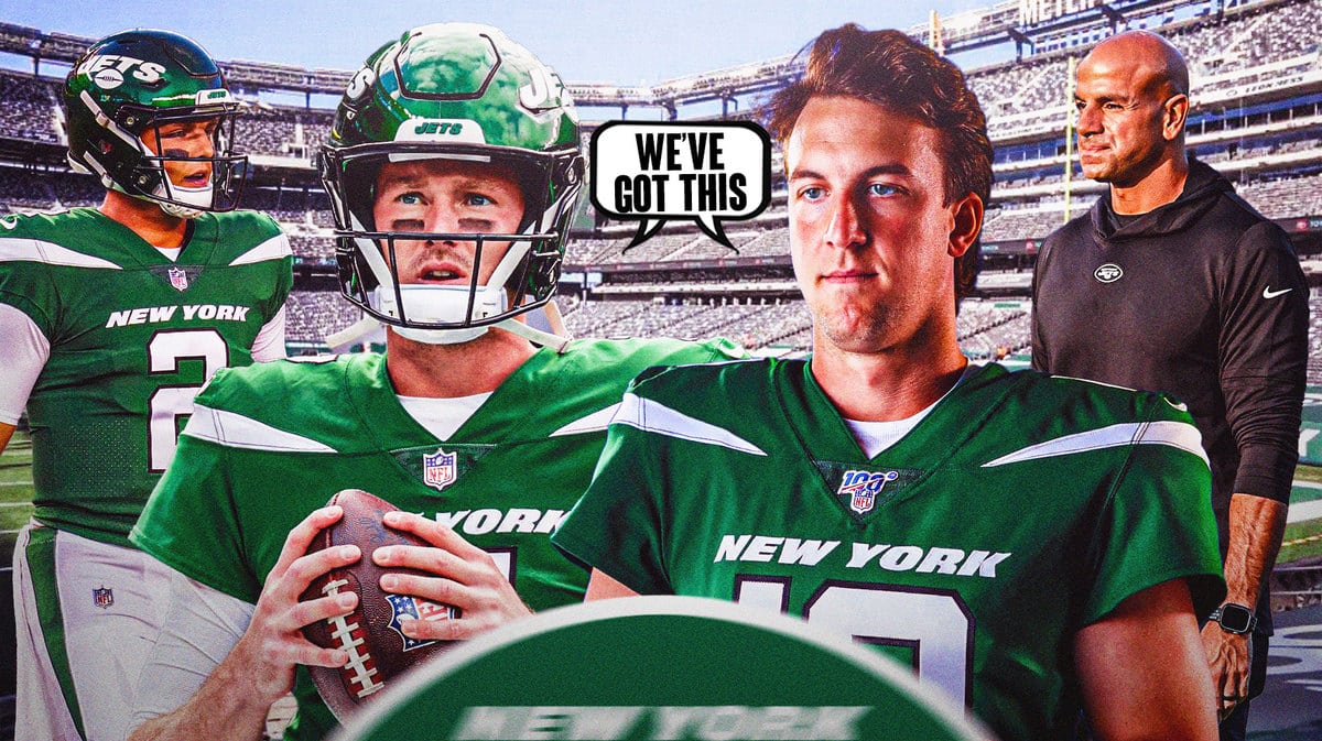 Tim Boyle and Trevor Siemian saying “We’ve got this” to a sad Zach Wilson. Looking on is Jets coach Robert Saleh.