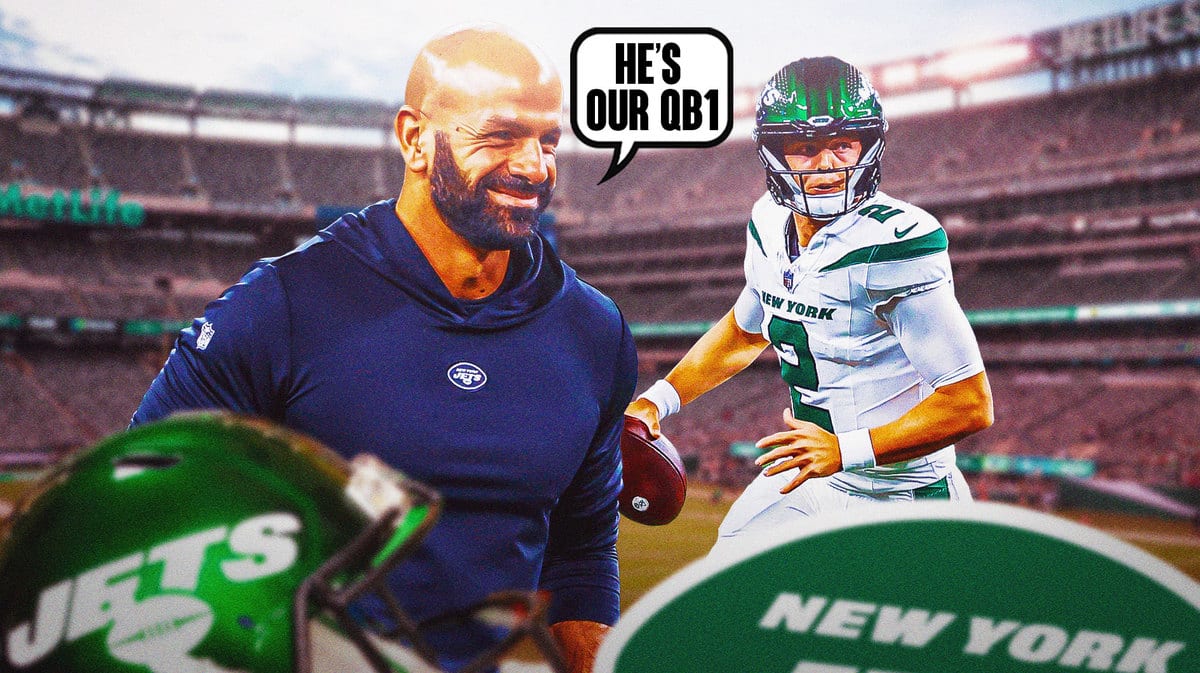 Robert Saleh saying “He’s our QB1”, Zach Wilson in action beside him in Jets jersey