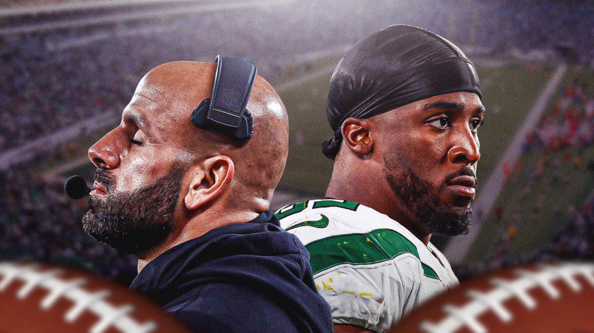 New. York Jets head coach Robert Saleh on the left, and running back Breece Hall on the right.