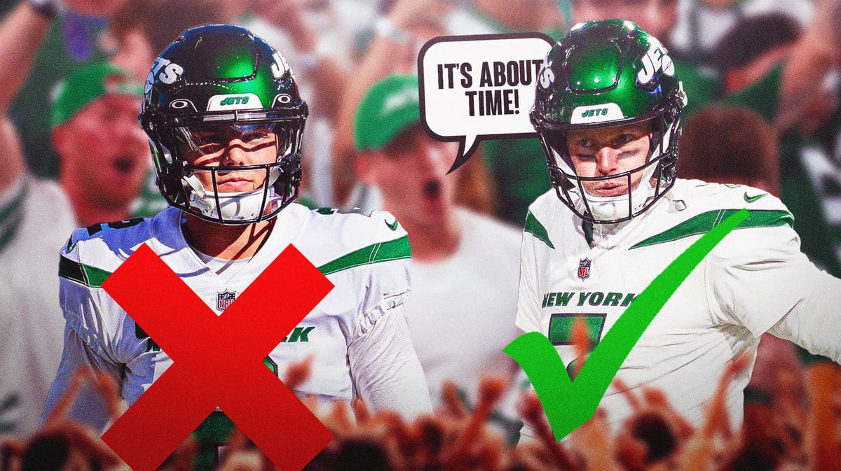 Zach Wilson and Tim Boyle on one side, Wilson with an “X” over his head, Boyle with a check mark over his head, a bunch of New York Jets fans on the other side with a speech bubble that says “It’s about time!”