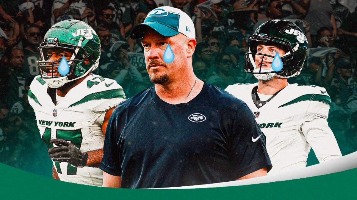 Coach Nathaniel Hackett, Zach Wilson, Garrett Wilson all with tear emojis 💧 and with crying New York Jets fans in the background.