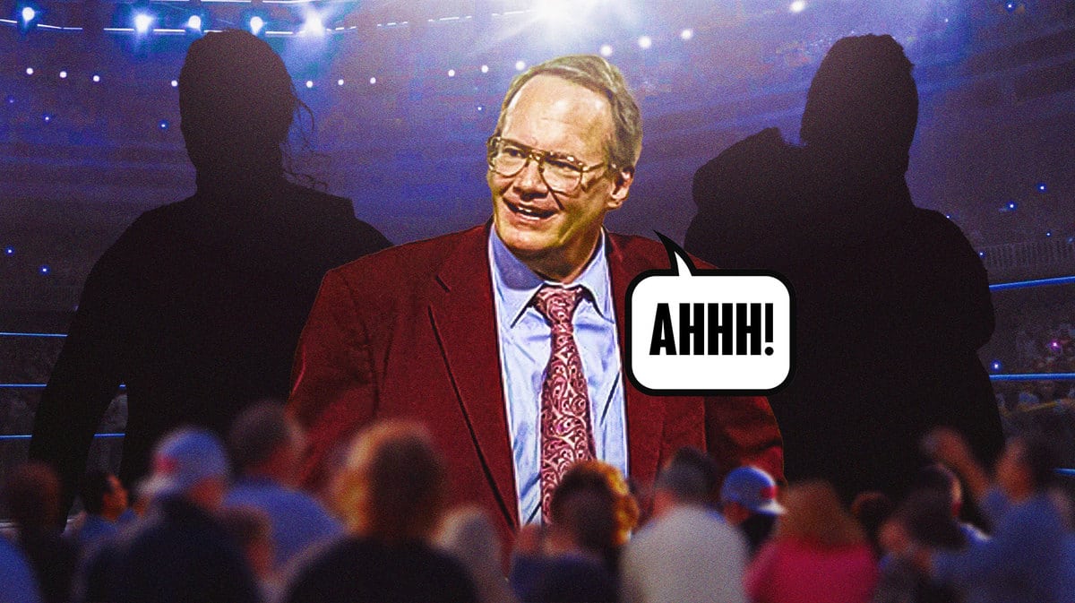 Jim Cornette with a text bubble reading “Ahhh!” with a blacked-out Hangman Adam Page on his left, a blacked-out Swerve Strickland on his right, and the AEW Full Gear 2023 logo as the background.