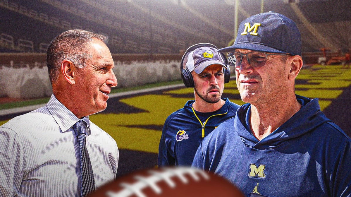 Michigan football HC Jim Harbaugh and Connor Stalions looking at Big Ten Commissioner Tony Pettiti.