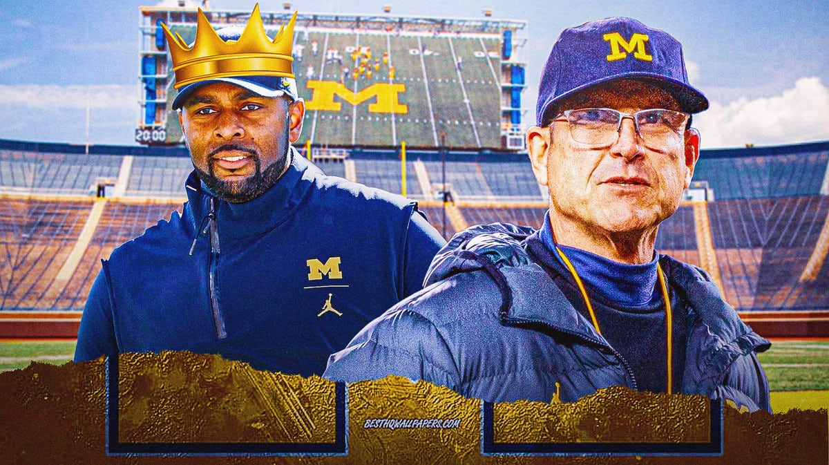 Sherrone Moore with a crown on his head after Jim Harbaugh anointed him a "Michigan Legend"