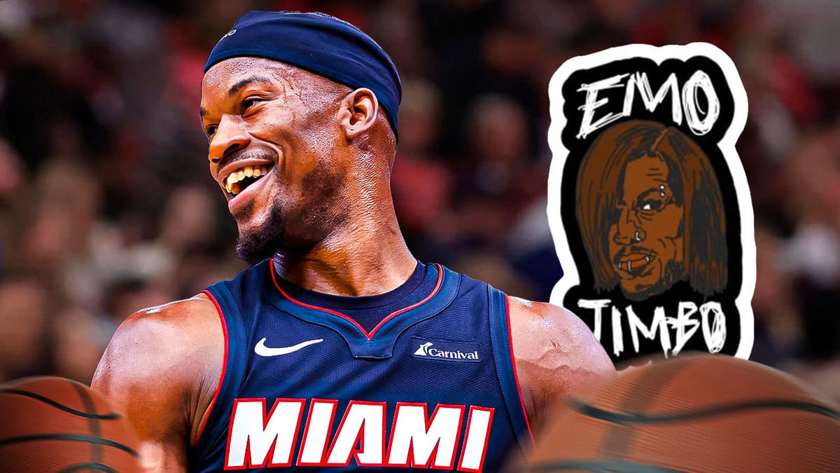 Miami Heat forward Jimmy Butler with the EMO JIMBO logo in the background.