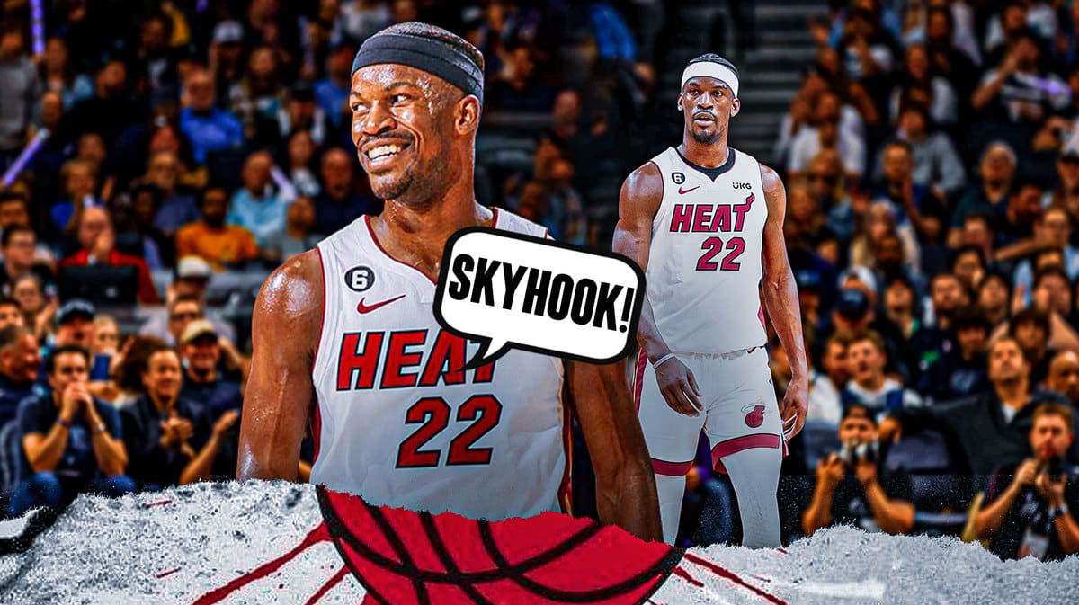 Miami Heat star Jimmy Butler yelling "Skyhook!" in front of the Kaseya Center.