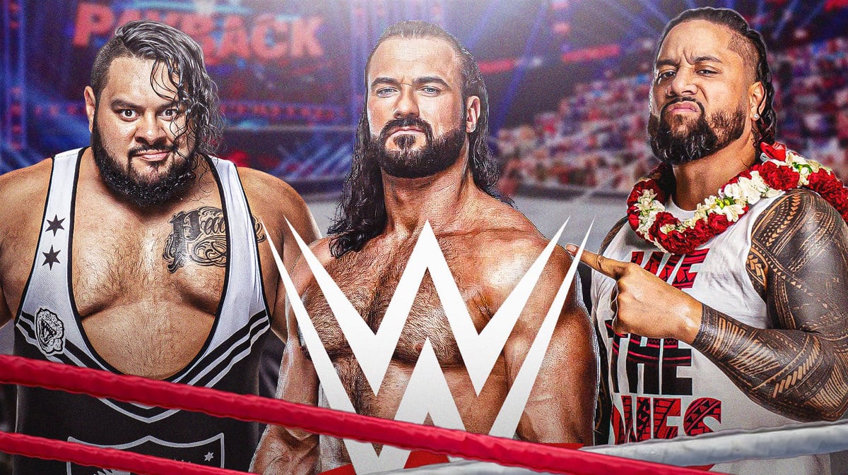 Jimmy Uso, Bronson Reed, Drew McIntyre, WWE logo, ring in background