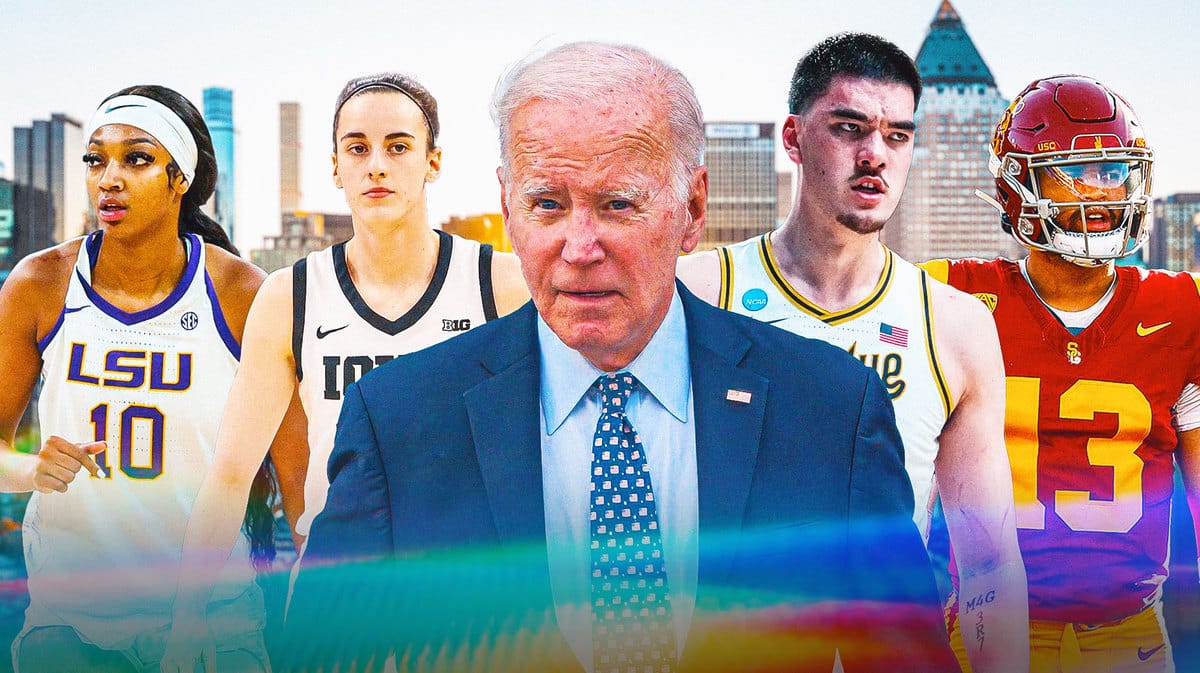 Joe Biden with Zach Edey, Angel Reese, Caleb Williams, and Caitlin Clark from Charlie Baker NCAA