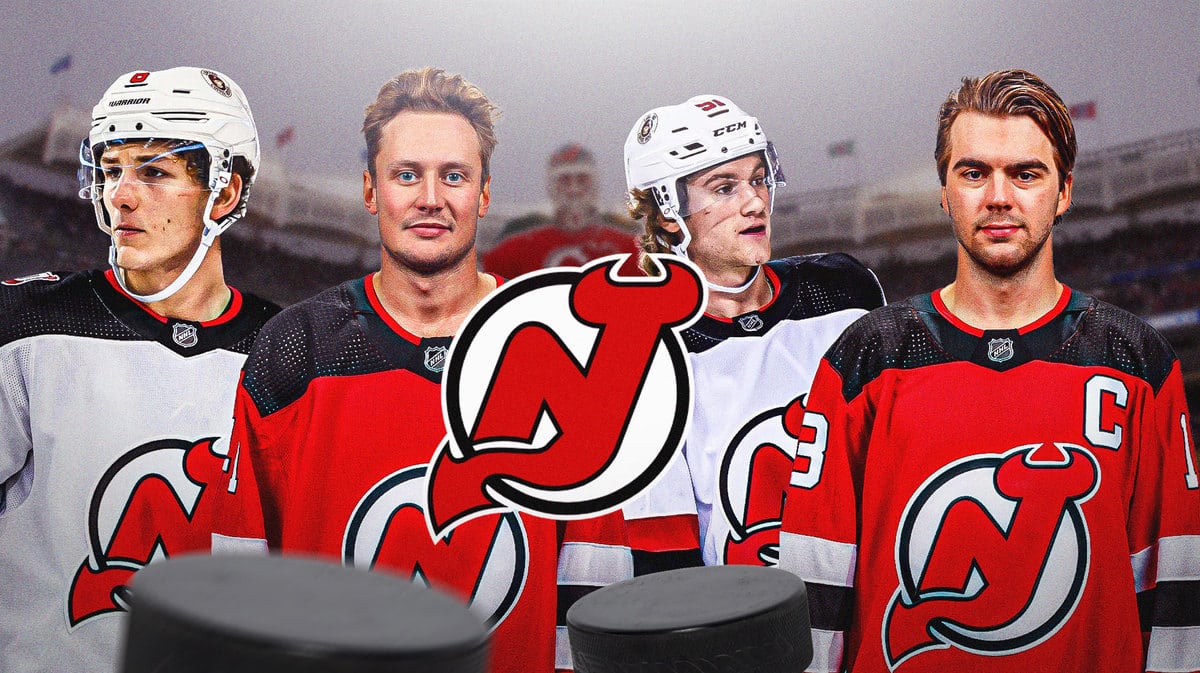 John Marino, Vitek Vanecek, Dawson Mercer, Nico Hischier all in image, New Jersey Devils logo, hockey rink in background