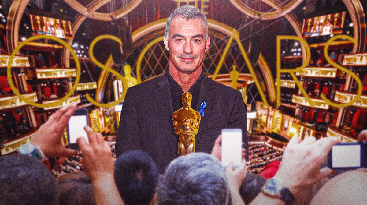 Oscars logo and trophy and ceremony in background with John Wick director Chad Stahelski.