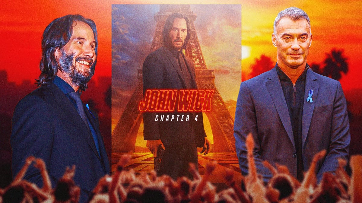 John Wick: Chapter 4 poster with Keanu Reeves and Chad Stahelski around it.