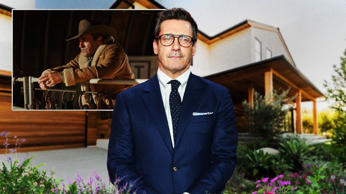 Actor Jon Hamm with a scene from Fargo in the background.