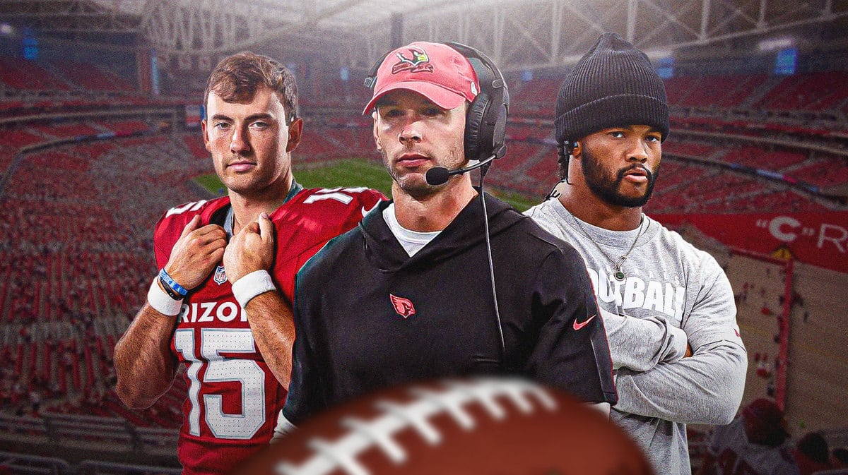 Arizona Cardinals head coach Jonathan Gannon and quarterbacks Clayton Tune and Kyler Murray in front of State Farm Stadium.