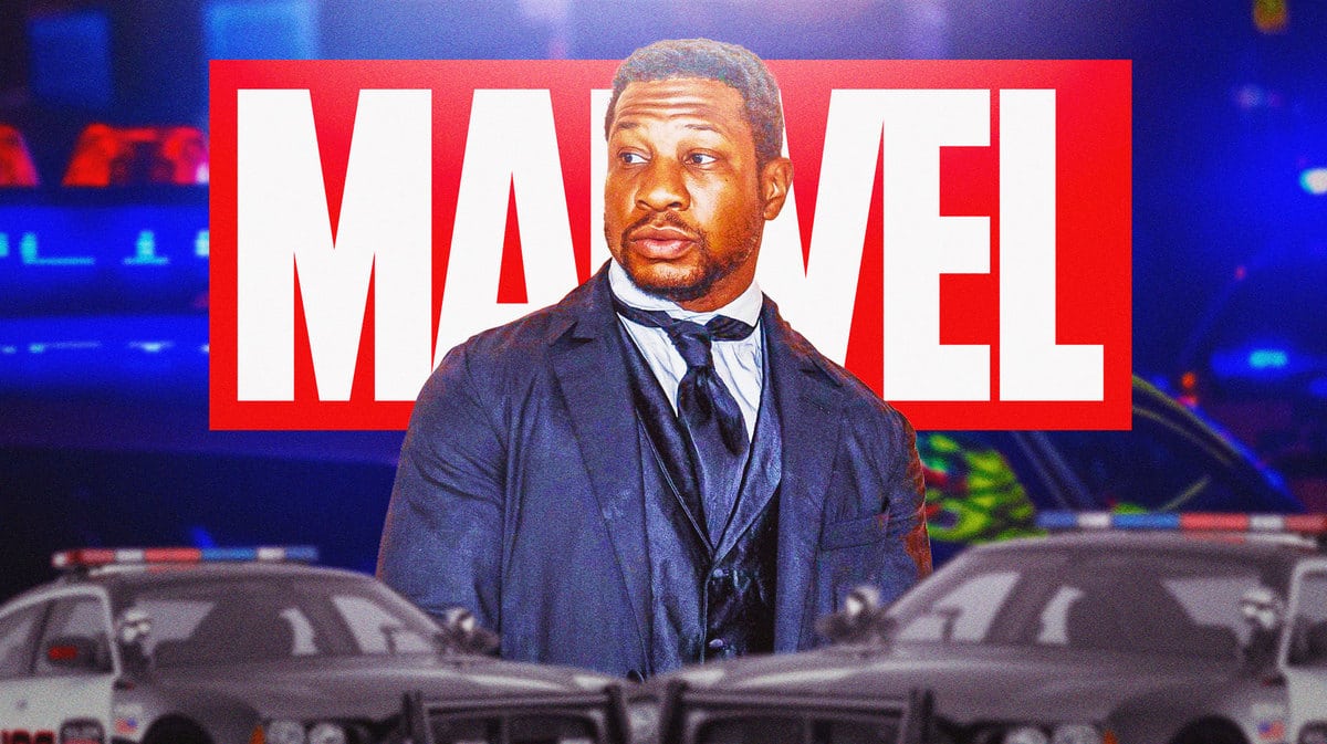 Jonathan Majors with Marvel logo and police cars.