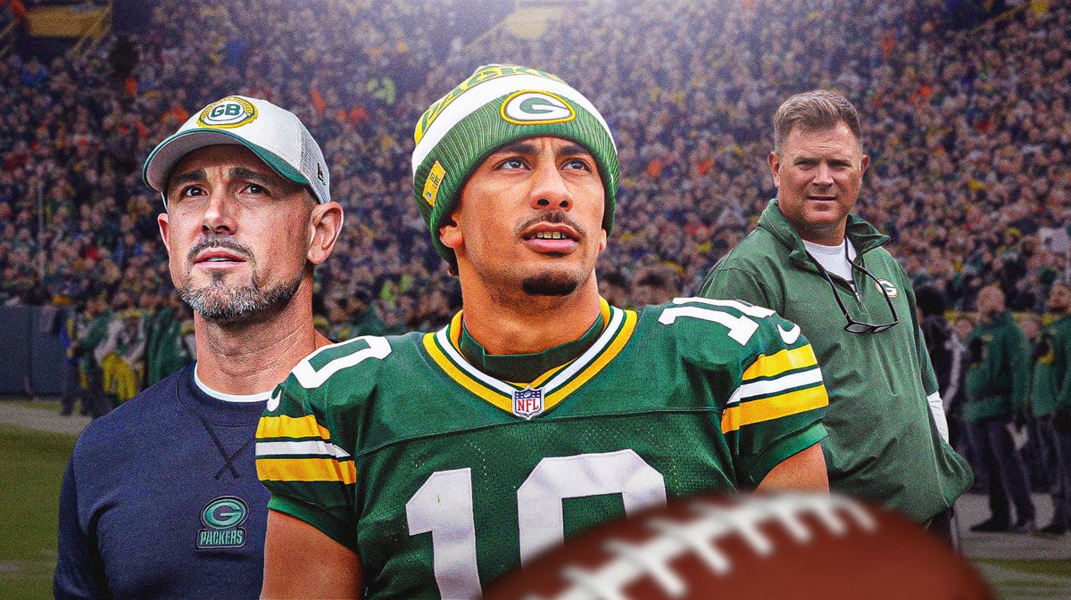 Green Bay Packers QB Jordan Love, with coach Matt LaFleur on one side of him in background and GM Brian Gutekunst on the other