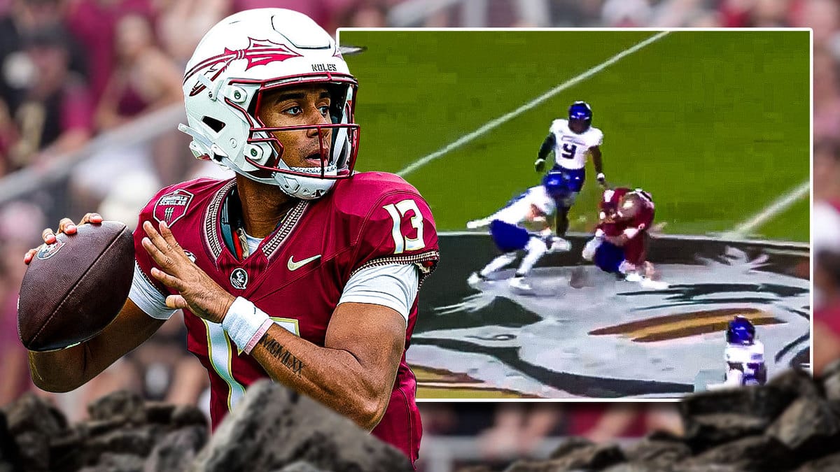 action shot of Jordan Travis of Florida State football with medical cross symbol