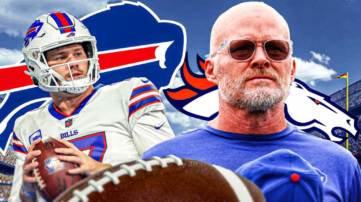 Josh Allen and Sean McDermott on either side looking stern, BUF Bills and DEN Broncos logos, football field in background