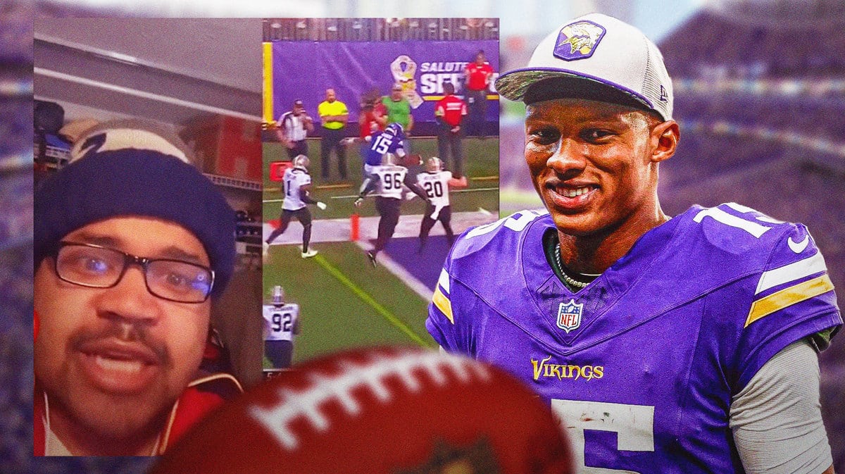 Joshua Dobbs smiling in Vikings jersey, laughing emojis around him, screenshot of this tweet video at 13-second mark