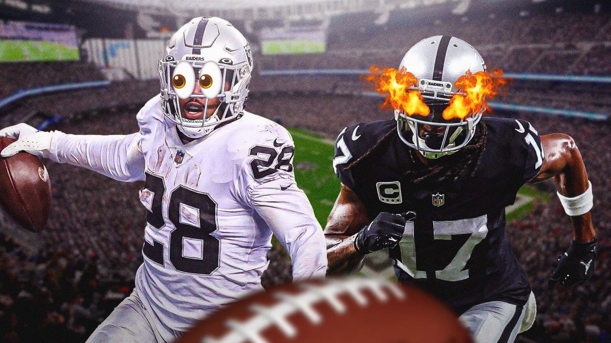 Action shots of Josh Jacobs and Davante Adams of the Raiders