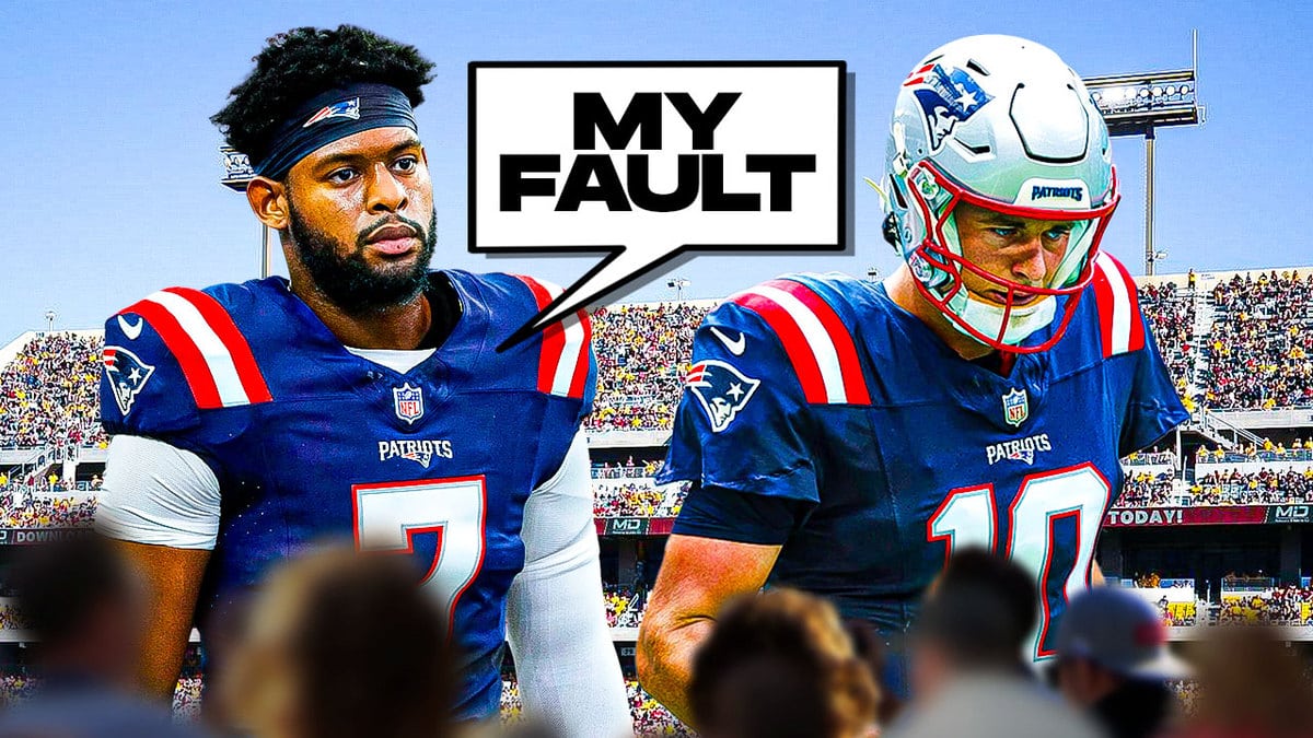 JuJu Smith-Schuster with quote bubble saying "my fault" to Mac Jones.
